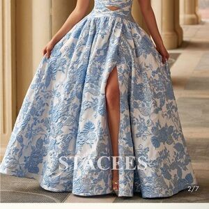 Stacee Blue & White Floral Prom Ball Gown